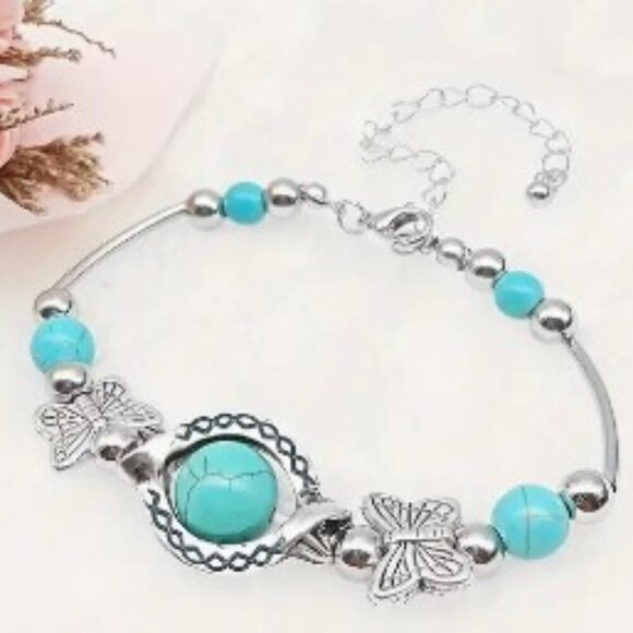 Turquoise Charm Bracelet - Handcrafted Vintage-Inspired Butterfly Bead - Picture 1 of 5
